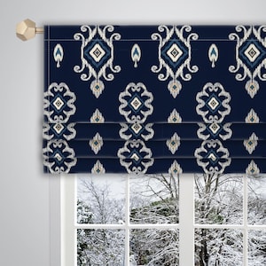 Blue white Faux Roman Valance Traditional Ikkat Pattern Canvas Fabric/ Faux Roman Valance/ French Window Valance Treatment Curtain VL403D
