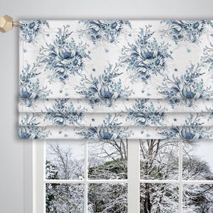 Blue white Faux Roman Valance Watercolour Floral Pattern Canvas Fabric/ Faux Roman Valance French Window Valance Treatment Curtain VL090D
