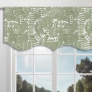 Green white Scallop Valance Abstract geometric Pattern Canvas Fabric/Scallop Valance/ Window Valance/ French Window Treatment Curtain VL416C