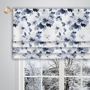 Blue White Faux Roman Valance Watercolour Floral Pattern Canvas Fabric/ Faux Roman Window Valance/ French Window Treatment Curtain VL327D