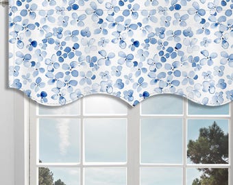 Blue white Scallop Valance Watercolour Floral Pattern Canvas Fabric/Scallop Valance/ Window Valance/ French Window Treatment Curtain VL337C