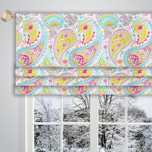 Blue white green Faux Roman Valance Watercolour Paisley Pattern Canvas Fabric/Faux Roman Valance French Window Valance Curtain VL072D