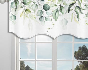 Green White Scallop Valance Watercolour Eucalyptus Leaf Pattern Canvas Fabric/Scallop Valance/ Window Valance/ French Window Curtain VL369C