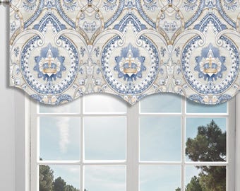 Beige Blue Scallop Valance Watercolor Ornamental Pattern Canvas Fabric/Scallop Valance Window Valance French Window Treatment Curtain VL330C