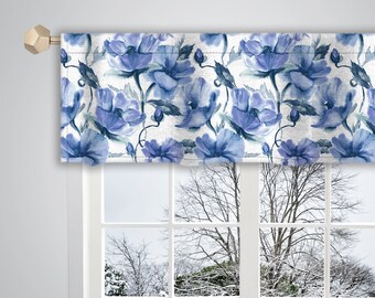 White Blue Watercolour Floral Pattern Valance Canvas Fabric Custom Valance Window Valance French Valance Window Treatment Curtain VL37