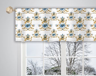 White Blue Watercolour Floral Pattern Valance Canvas Fabric Custom Valance Window Valance French Valance Window Treatment Curtain VL37