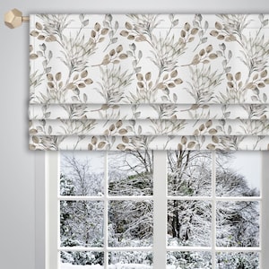 Beige Grey Faux Roman Valance Watercolour Leaf Pattern Canvas Fabric/Faux Roman Valance/ Window Valance Window Treatment Curtain VL021D