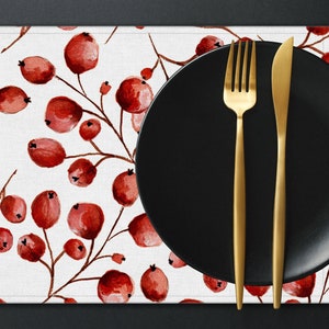 Christmas Placemat Watercolour Red Berries Pattern Placemat set of 4 6 8 10 Custom Placemat TableLinen Placemat for Round Square Table PL348