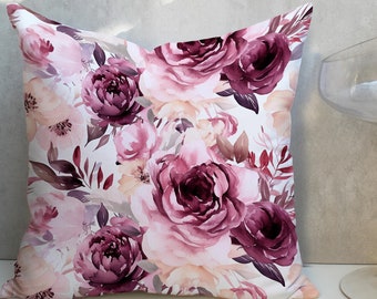 Watercolor Floral Pillow Cover, Burgundy Pink Farmhouse Decor CC424