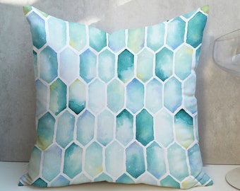 Teal Geometric Watercolor Pillow Cover, Linen Cotton Blend CC338
