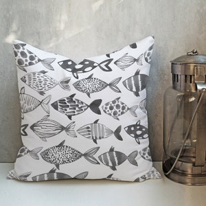 Grey and white watercolour abstract Fish pattern throw pillow cover,  Blue geometric print accent pillow set of 2 CC294