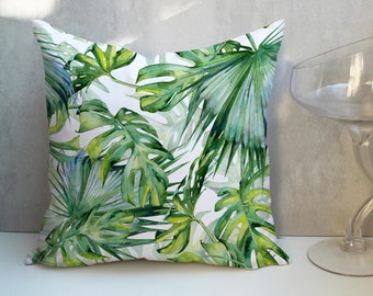 Tropischer Palmenblatt Kissenbezug, Grüner Aquarell Druck CC361