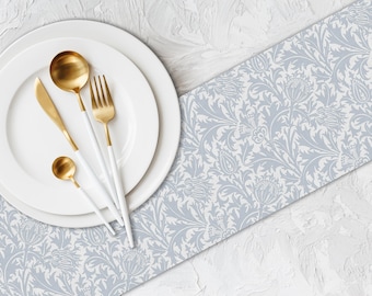 White soft dove grey blue Botanical acanthus leaves Table Runner, Custom Table Linen TR440