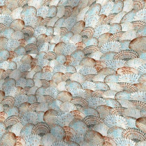 May include: A repeating pattern of stylized seashells in shades of white, tan, and light blue. The design has a textured appearance, with each shell overlapping the others, creating a dense, organic pattern.