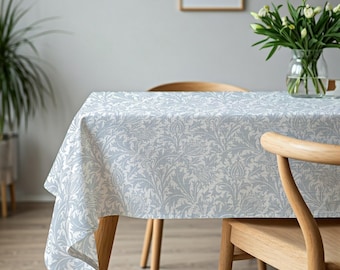 White soft dove grey blue Botanical acanthus leaves Table Cloth, Custom Sizing TC440