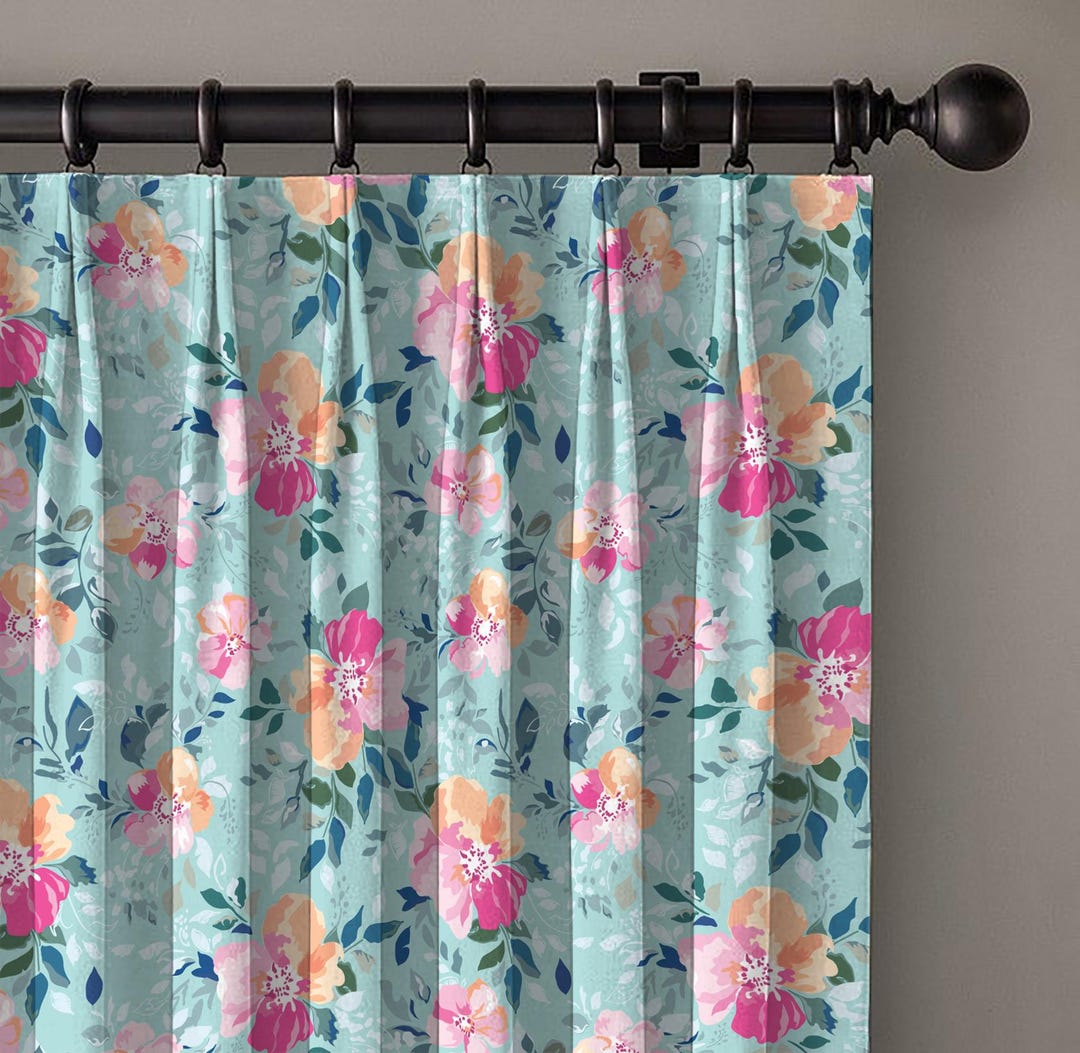 Turquoise Floral Curtain, Orange Pink Watercolor Print, Dual