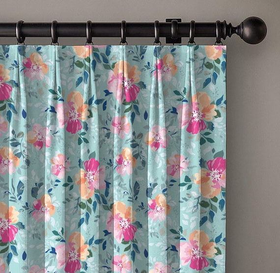Turquoise Floral Curtain, Orange Pink Watercolor Print, Dual