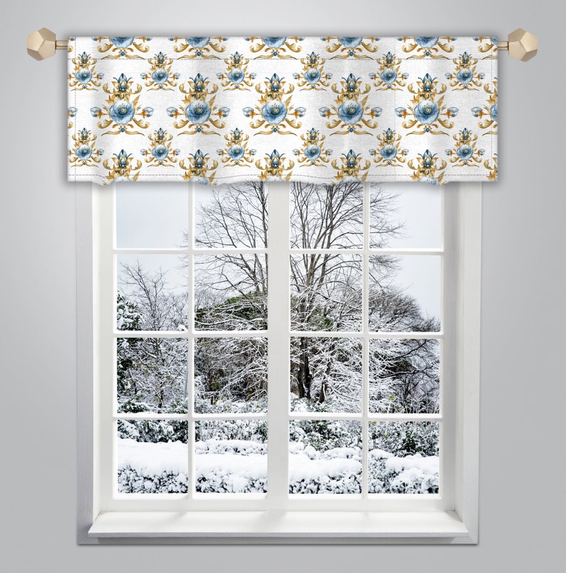 White Blue Watercolour Floral Pattern Valance Canvas Fabric Custom Valance Window Valance French Valance Window Treatment Curtain VL37