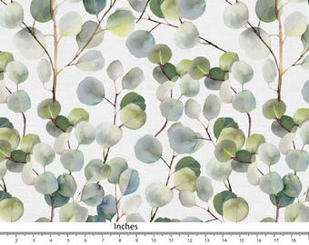 Eukalyptus Stoff, Grüner Aquarell Blätterdruck, Baumwolle Leinen Canvas FAB368