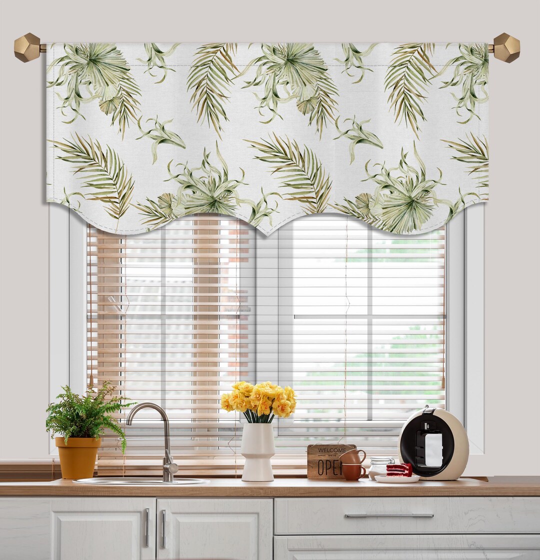 Off-white Ivory Dried Tropical Botanical Print Valance, Scallop Valance ...