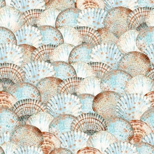 May include: A watercolor pattern of overlapping scallop shells in shades of blue, brown, and white. The shells have a textured appearance with intricate details, creating a repeating design reminiscent of the ocean.