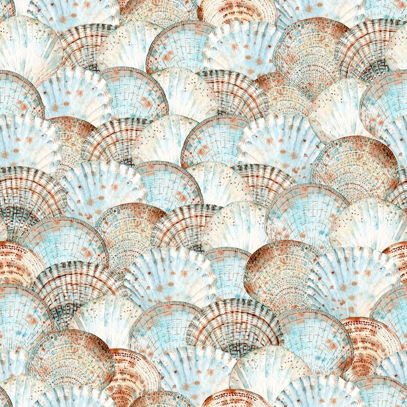 May include: A watercolor pattern of overlapping scallop shells in shades of blue, brown, and white. The shells have a textured appearance with intricate details, creating a repeating design reminiscent of the ocean.