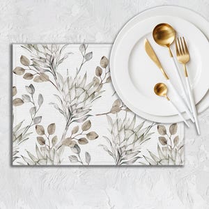 Watercolor Leaf Placemat Set, Beige Grey Canvas Table Linen PL021