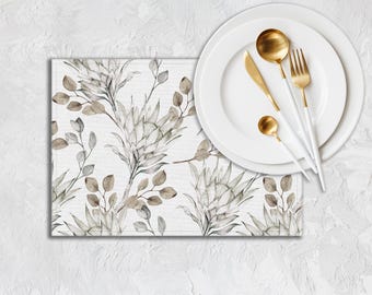 Aquarell Blatt Tischset 2er Set, Beige Graue Leinen Tischwäsche PL021