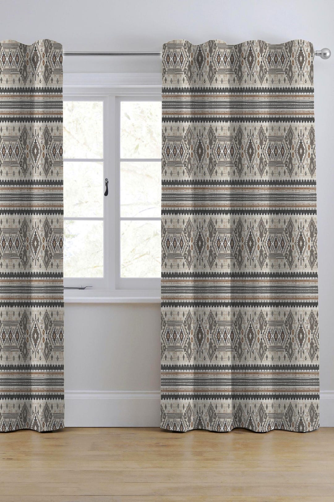 Aztec Print Back Tab Curtain: Brown Beige Cream Geometric Drapes CU418B ...