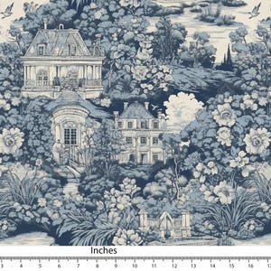 Peut inclure: Tissu à motif bleu et blanc avec un motif répétitif de maisons, d'arbres et de fleurs. Le tissu a un style vintage et serait parfait pour la tapisserie ou la courtepointe.