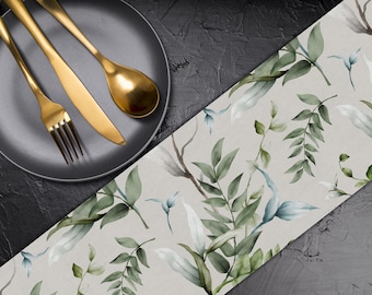 Botanical Leaf Print Table Runner, Green Blue Watercolour, Canvas Fabric TR408