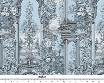 フランス製トワル生地、ブルーグレーの花柄コットンリネンキャンバス、カーテンピロー縫製用 FAB414