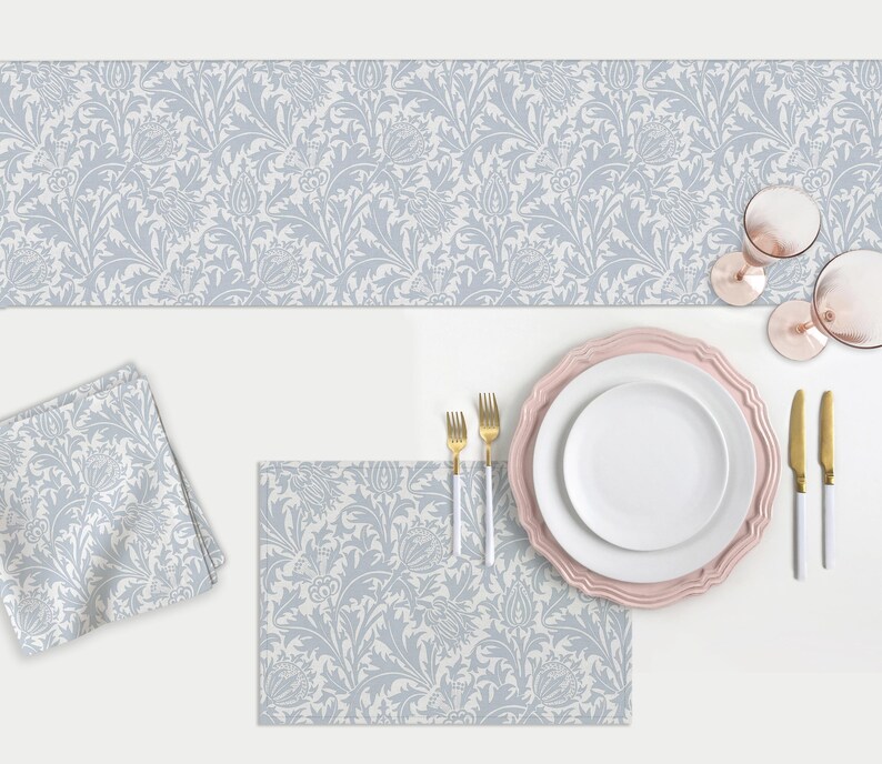 White Soft Dove Grey Blue Botanical Acanthus Leaves Table Cloth, Custom ...
