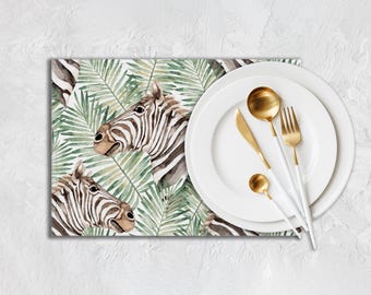 Tropical Zebra Print Placemat Set, Green Watercolor Table Linen PL359