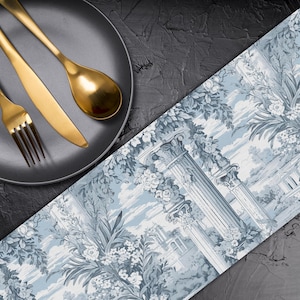 Blue grey white French Toile pattern Runner Custom Table Runner Table Linen Table Runner for Round Square Table TR417
