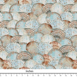 May include: A repeating pattern of seashells in shades of blue, brown, and cream. The design features overlapping, fan-shaped shells, creating a textured, aquatic aesthetic. The image includes a ruler with inches.