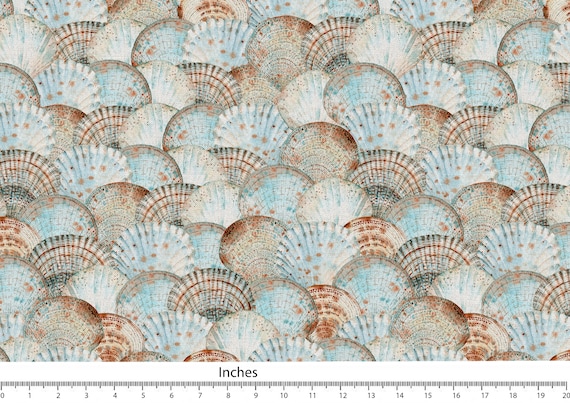Aqua and Seafoam blue with Sand scallop shell motifs arranged in a rhythmic pattern, Cotton Linen Canvas Fabric FAB453
