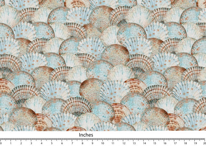 May include: A repeating pattern of seashells in shades of blue, brown, and cream. The design features overlapping, fan-shaped shells, creating a textured, aquatic aesthetic. The image includes a ruler with inches.