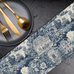 Grey Watercolour French Toile Pattern Table Runner Canvas Fabric Custom Table Runner Table Linen Table Runner for Round Square Table TR411