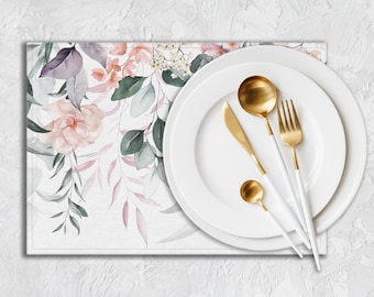 Aquarell Blumen Tischset, Rosa Grüner Blattdruck Tischwäsche PL409