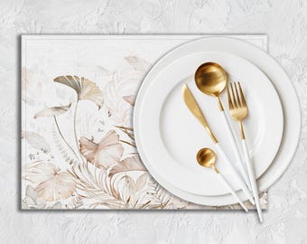Tropisches Blatt Tischset, Beige Canvas Tischwäsche PL391