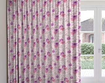Cortina floral de acuarela: rosa ruborizado, morado, con pestaña trasera CU044B
