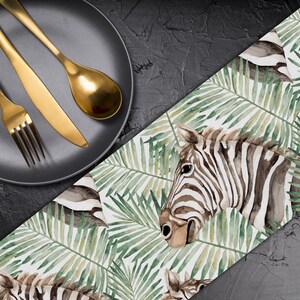 Green brown and white Tropical Leaf with zebra print pattern Table Runner Custom Table Linen Table Runner for Round Square Table TR359