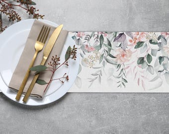 Aquarell Blumen Tischläufer, Rosa & Grüner Blätterdruck TR409