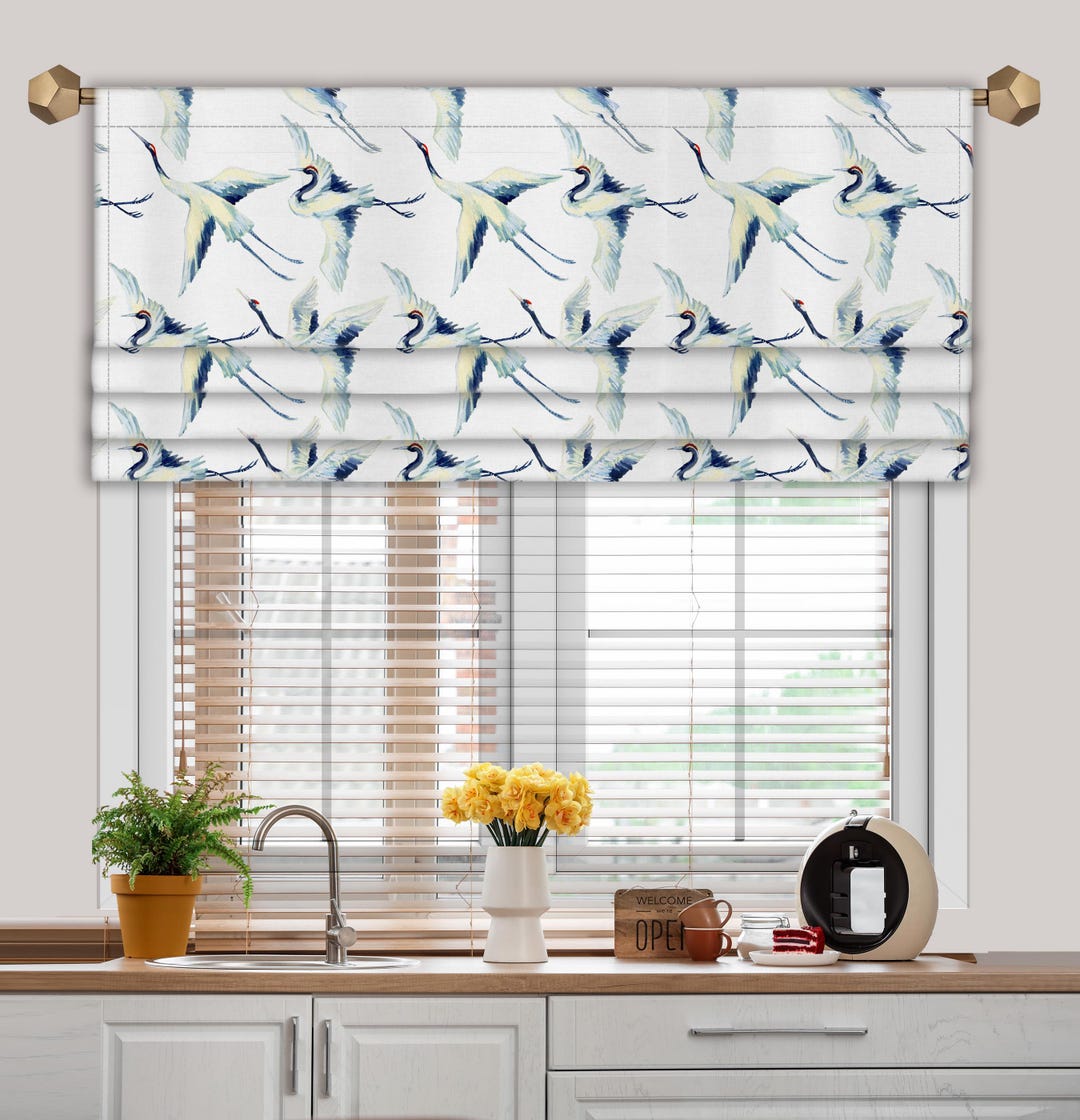 White Blue Aqua Sage Watercolor Herons Valance, Faux Roman Style ...
