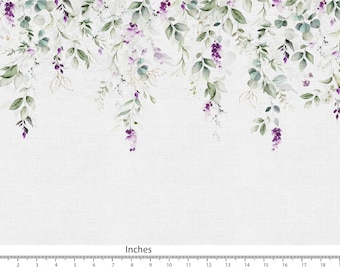Aquarel botanische katoenlinnen stof, groenpaarse bloemenprint FAB405