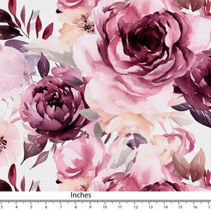 Burgundy mauve pink watercolour bold floral Pattern, Cotton Linen Canvas Fabric, Curtain Pillow Fabric for sewing Fabric by yard FAB424