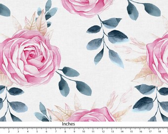 May include: Watercolor floral fabric featuring large pink roses, blue-green leaves, and tan foliage on a white background. The roses have multiple layers of pink petals. The leaves and foliage are painted with watercolor techniques. The fabric is measured in inches.