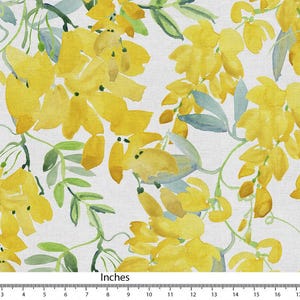 Tela estampada con motivos florales de acuarela en amarillo, verde y blanco, tela de lino y algodón, tela para cortinas y almohadas, tela para coser, tela cortada a medida FAB031