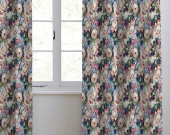 Cortinas con trabillas traseras, diseño floral de acuarela, rosa y verde melocotón, tamaño personalizado CU415B